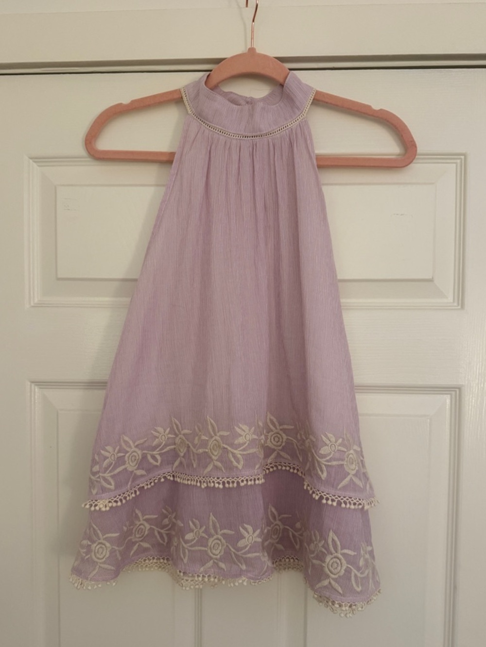 The Impeccable Pig Lavender Micro Striped Halter Top w/ Cream Embroidery + Trim